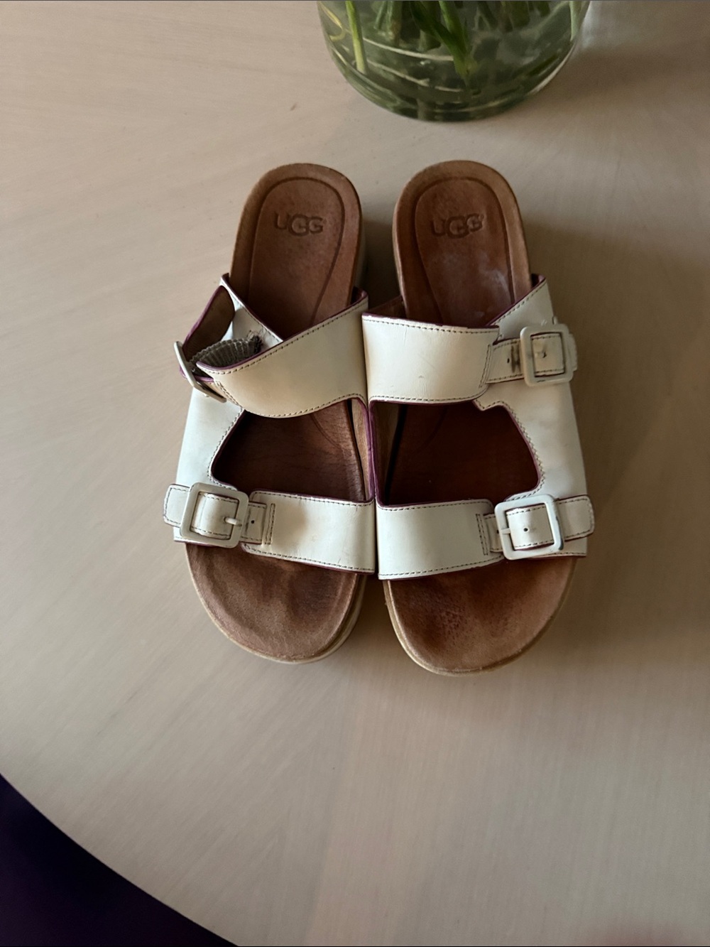 UGG Cream Leather Double-Buckle Slide Sandals